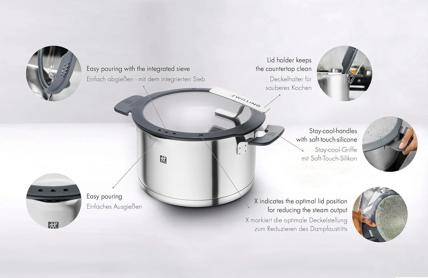 ZWILLING Simplify edénykészlet, 5 részes, Kiöntő funkcióval, Hűvös tapintású fogantyúk, Indukciós főzőlaphoz alkalmas, Rozsdamentes acél, Ezüst