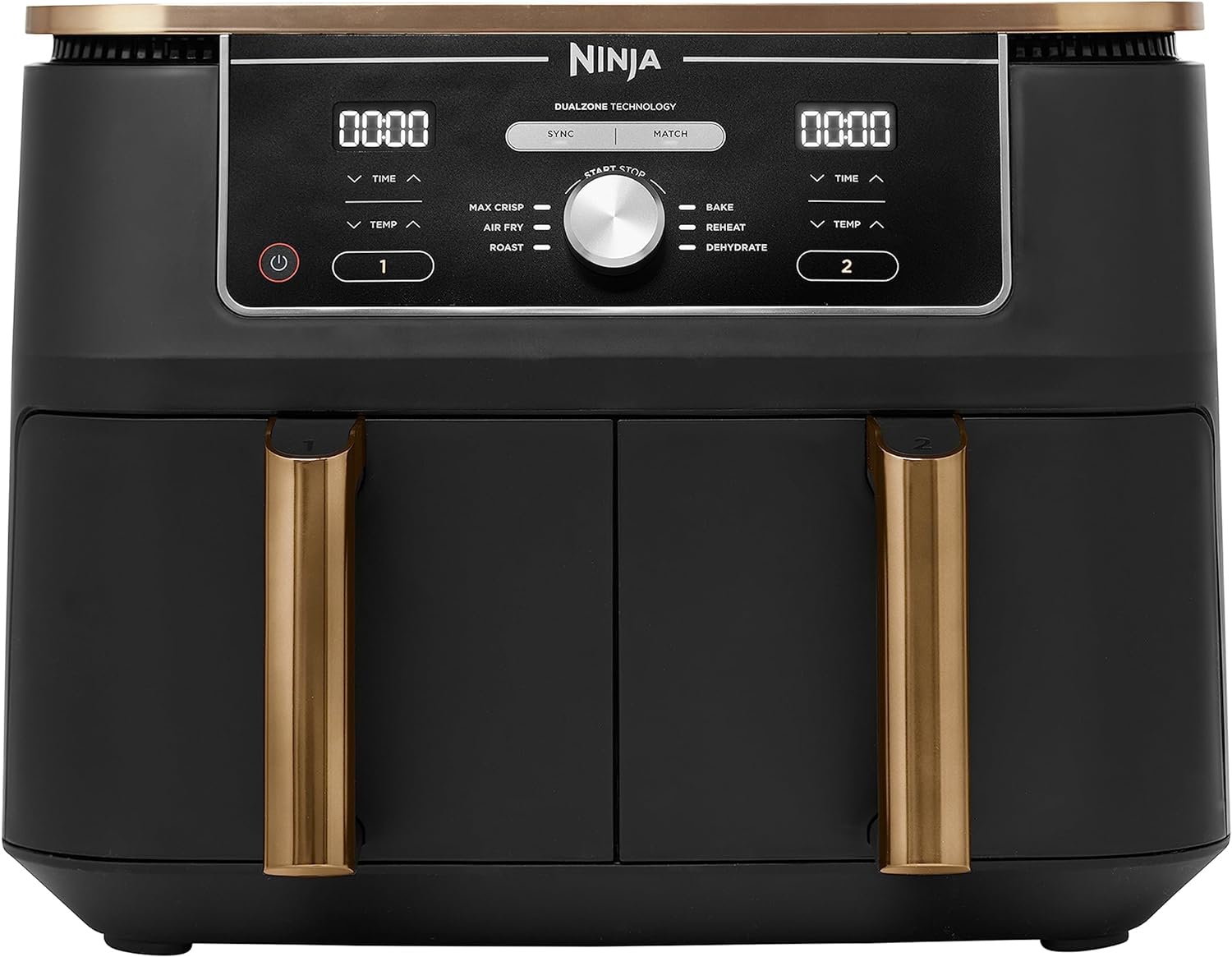 NINJA Foodi MAX Dual Zone Air Fryer, 2 Tiroirs, 9,5L, 6-en-1, Sans Huile, Air Fry, Max Crisp, Rôtir, Cuire, Paniers Antiadhésifs Lavables Au Lave-Vaisselle, Cuivre/Noir AF400EUCP