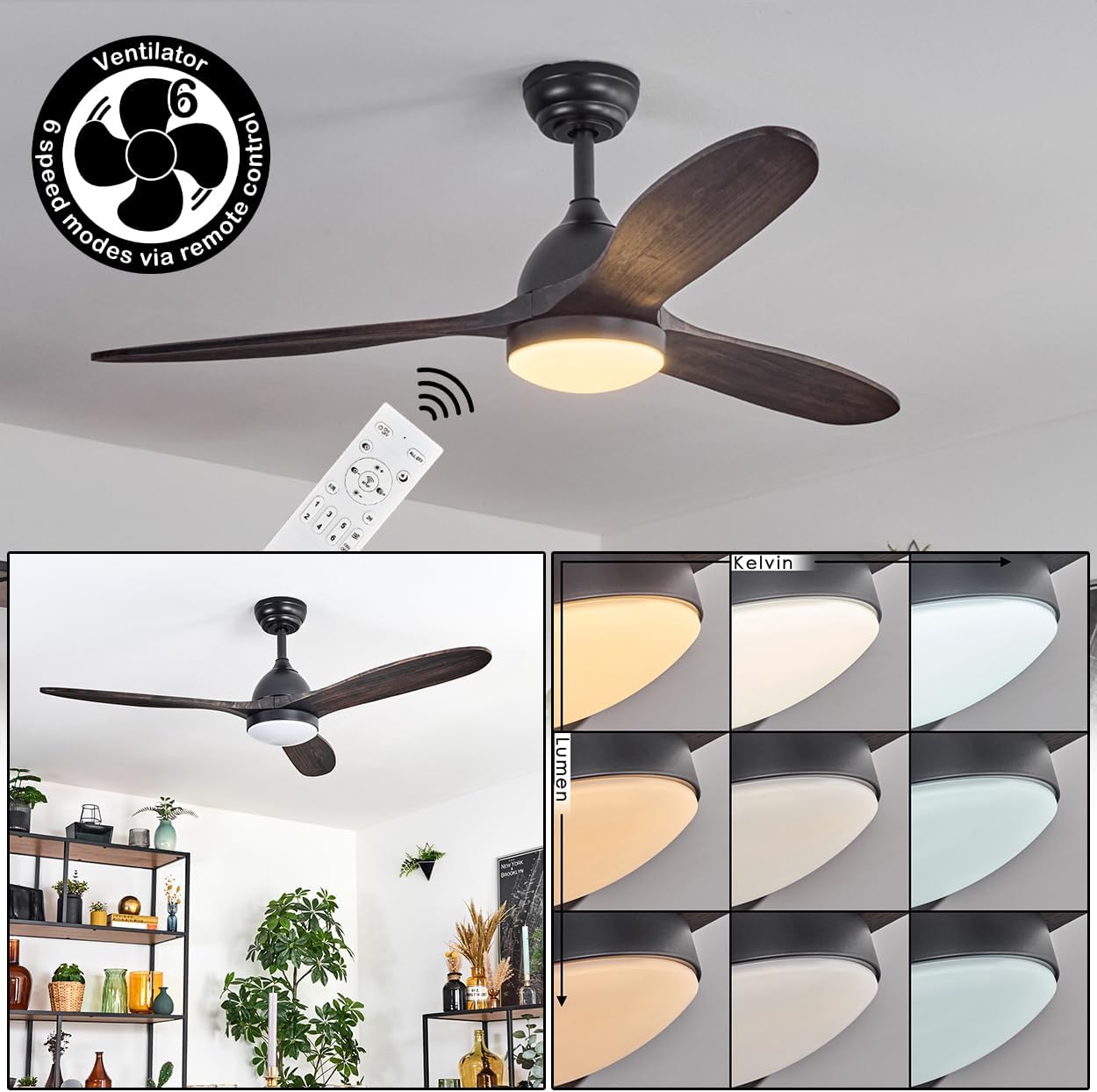 LED Deckenventilator Mosstena, dimmbare Deckenlampe mit Ventilator aus Metall/Holz in Schwarz/Mahagoni/Holz dunkel/Weiß, Auf-/Abwind, 6 Stufen, CCT, Fernbedienung, Wohnzimmer, Schlafzimmer, Büro