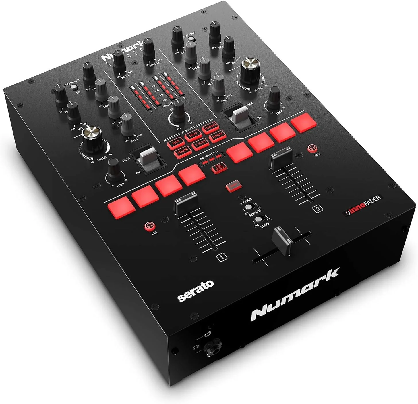 Numark Scratch - Zweikanal DJ Scratch Mixer mit Serato DJ Pro, Innofader Crossfader, DVS-Lizenz, 6 Direktzugriffseffektwählern und Performance Pads