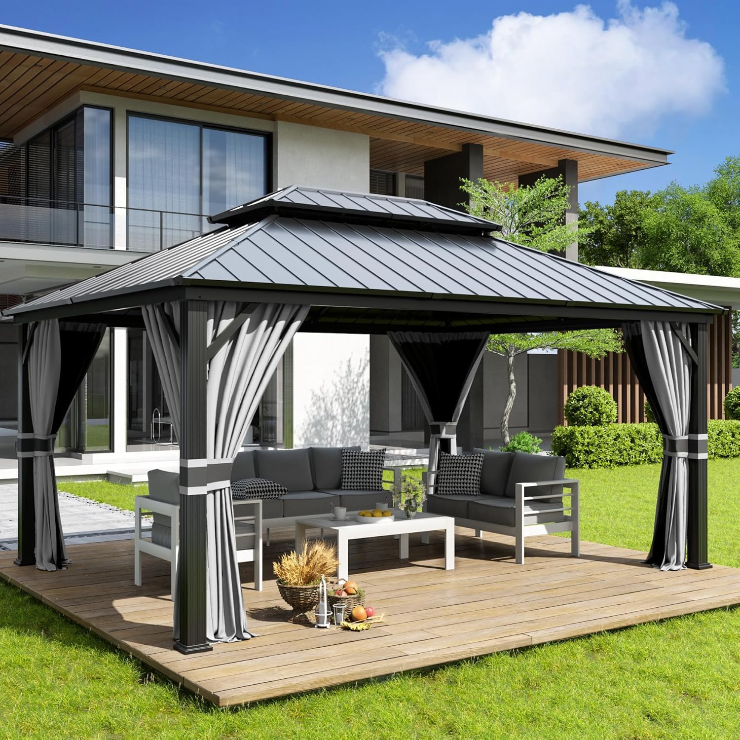 Amopatio 3.65 x 4.85 m Gartenpavillon Wasserdicht Stabil Winterfest Hardtop Pavillon, Verzinkter Stahl Doppeldach Aluminium Pavillon mit Moskitonetz und Vorhänge für Garten, Terrasse, Rasen, Grau