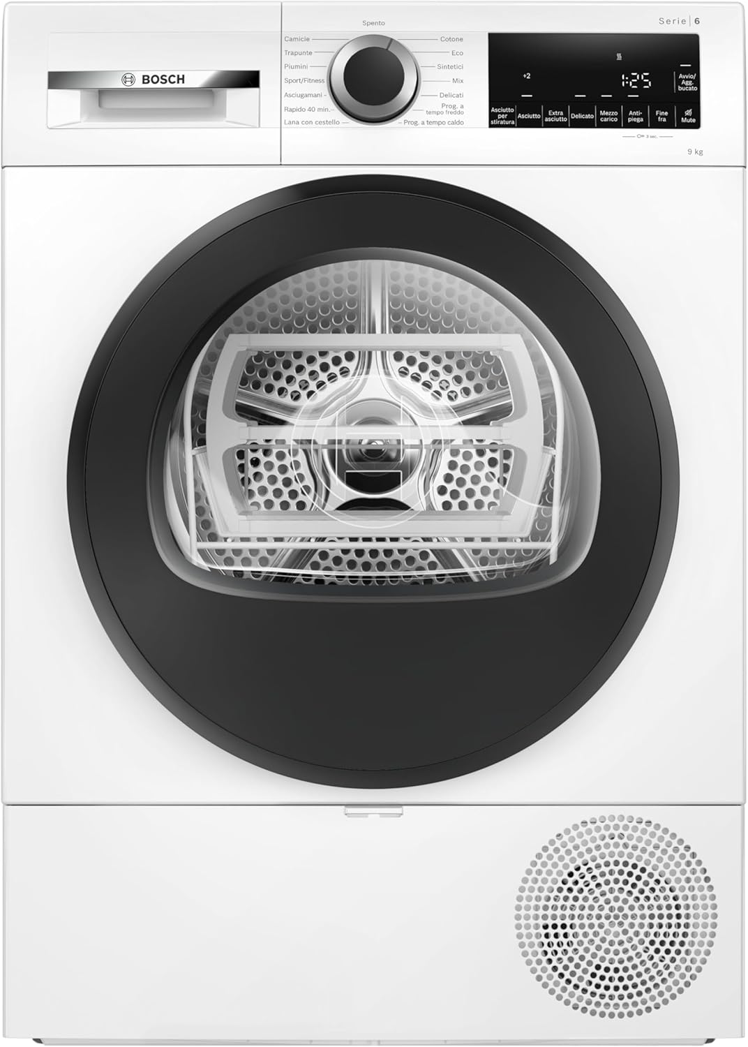 Bosch WQG24200IT Serie 6 Asciugatrice smart a pompa di calore, 9 kg, Classe energetica D, Sensori di asciugatura intelligenti, Filtro semplica da pulire, Cestello per capi in lana, Bianco, 60 Cm