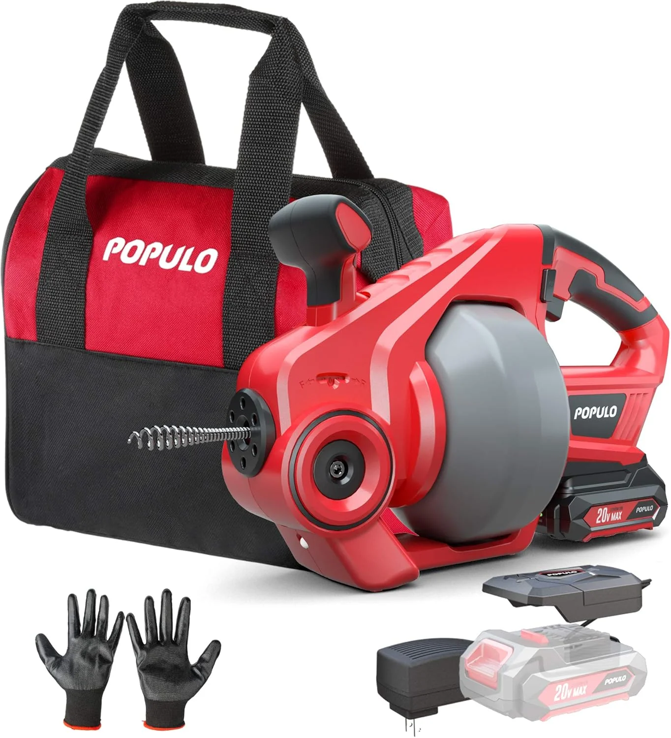 POPULO 20V Cordless Electric Drain Auger-Efficient 25Ft Auto-Feed Drain Snake with Replaceable Cable,2.0Ah Battery,Charger,Storage Bag & Gloves for Kitchen,Bathroom,Shower Pipes (3/4