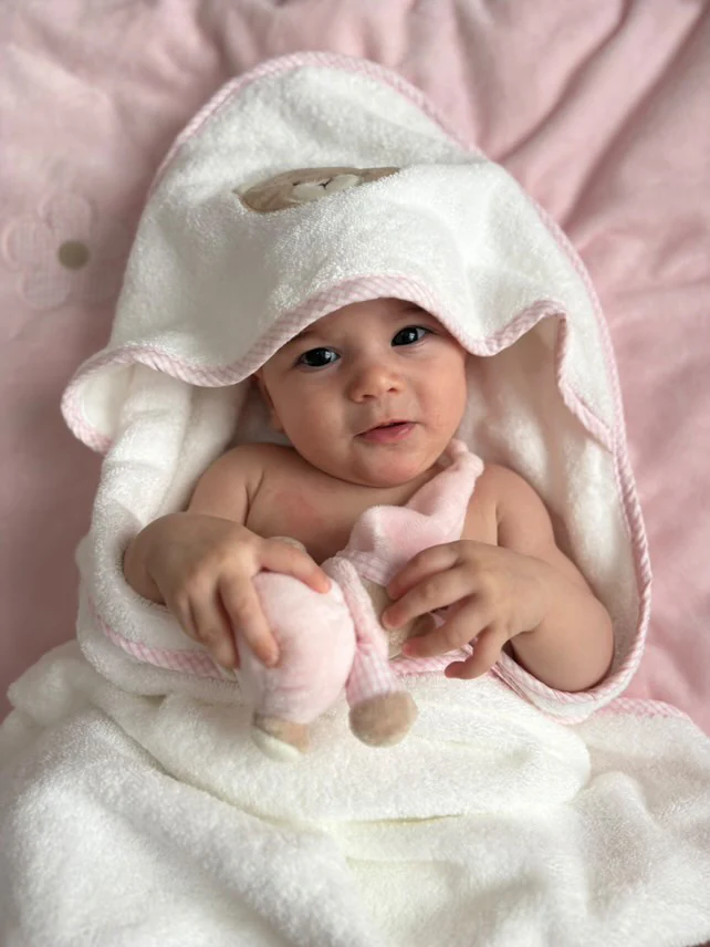 Hooded Towel with Mitt & Toy | White & Pink