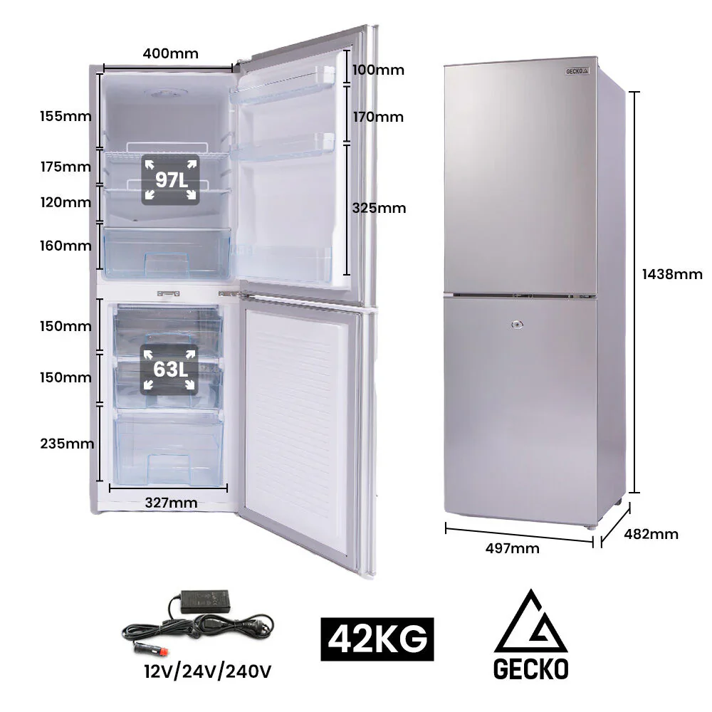 GECKO 160 literes álló hordozható hűtő/fagyasztó, 12V/24V/240V lakóautókhoz és lakókocsikhoz, ezüst