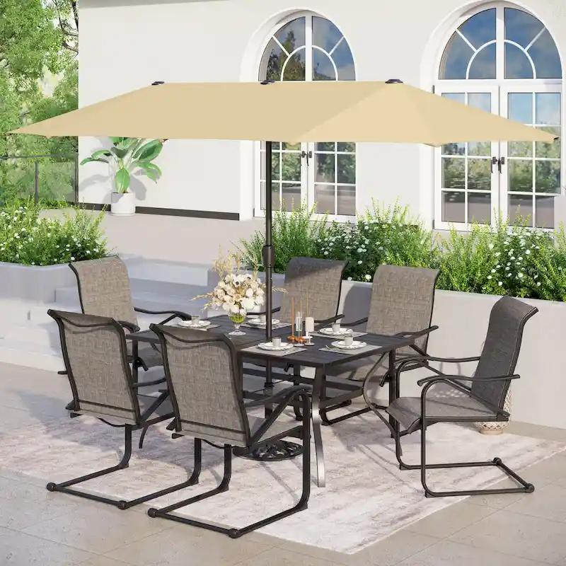 7/8-Piece Patio Dining Set including 60x38 Slatted Metal Table with 1.56 Umbrella Hole and 6 Spring Motion Chairs