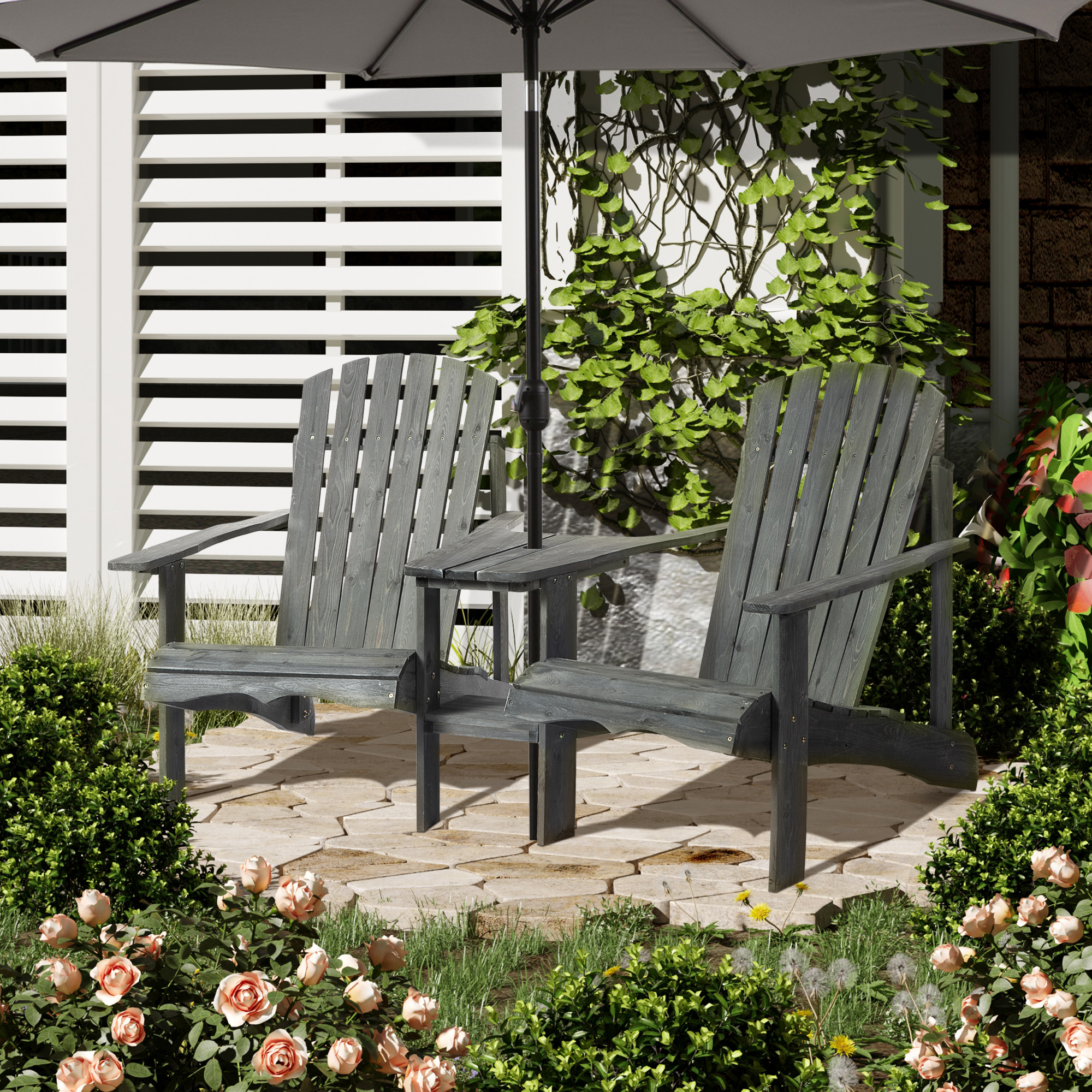 Outsunny tuinbank met tafel en zonneschermhouder, tuinmeubilair, massief hout, kleur grijs