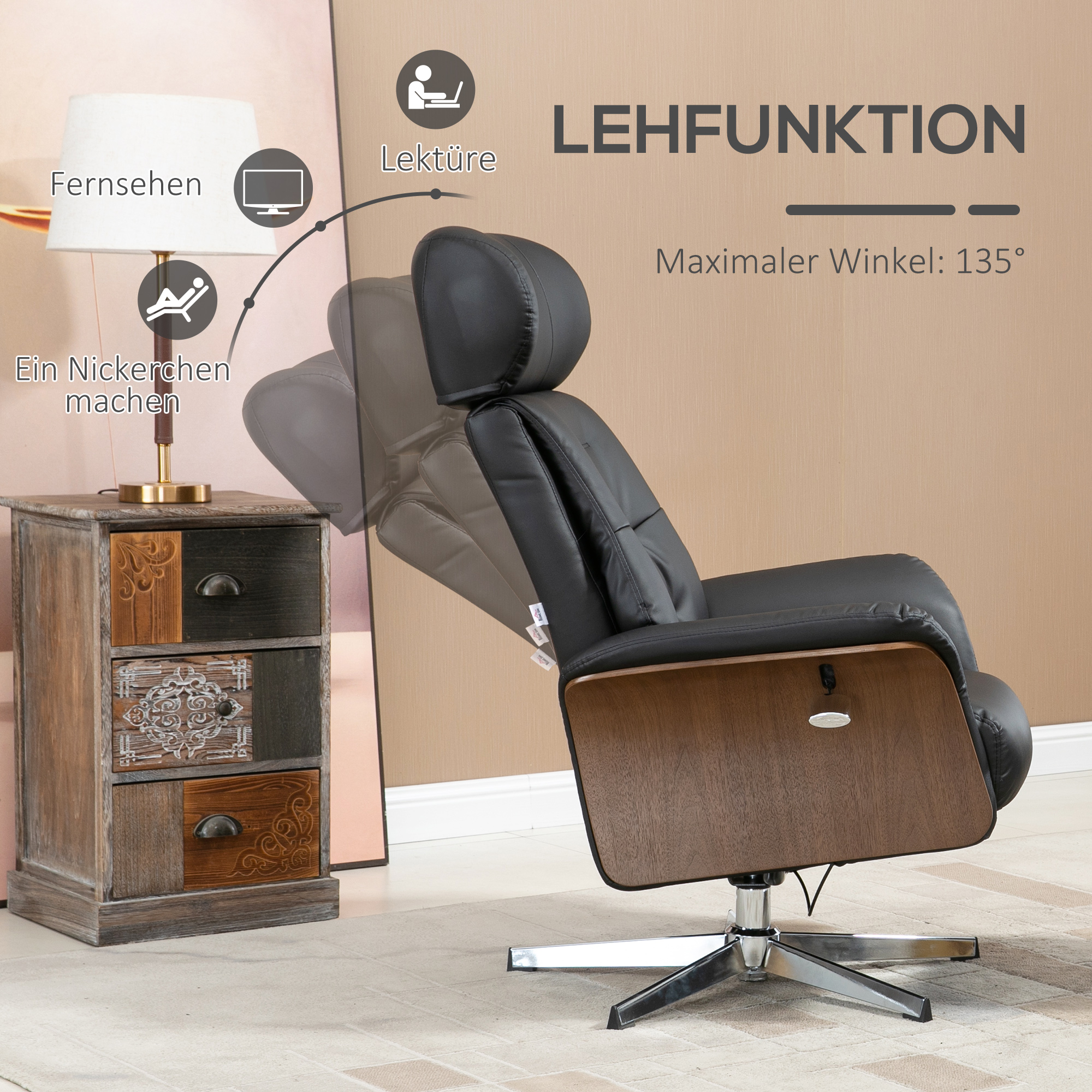 HOMCOM Fauteuil met voetenbank, 360° draaibaar, ligfunctie, leesstoel, zwart, 80 x 84 x 108 cm