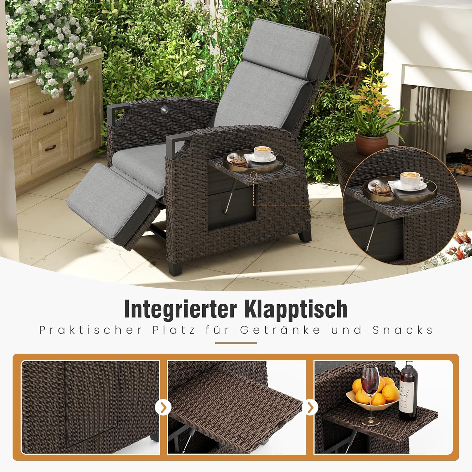 Amopatio Relaxliege Liegesessel, Rattan Sonnenliege mit Verstellbar Rückenlehne und Klapptisch, Outdoor Gartensessel wetterfestes, für Terrasse, Garten, Balkon – Grau & Braun