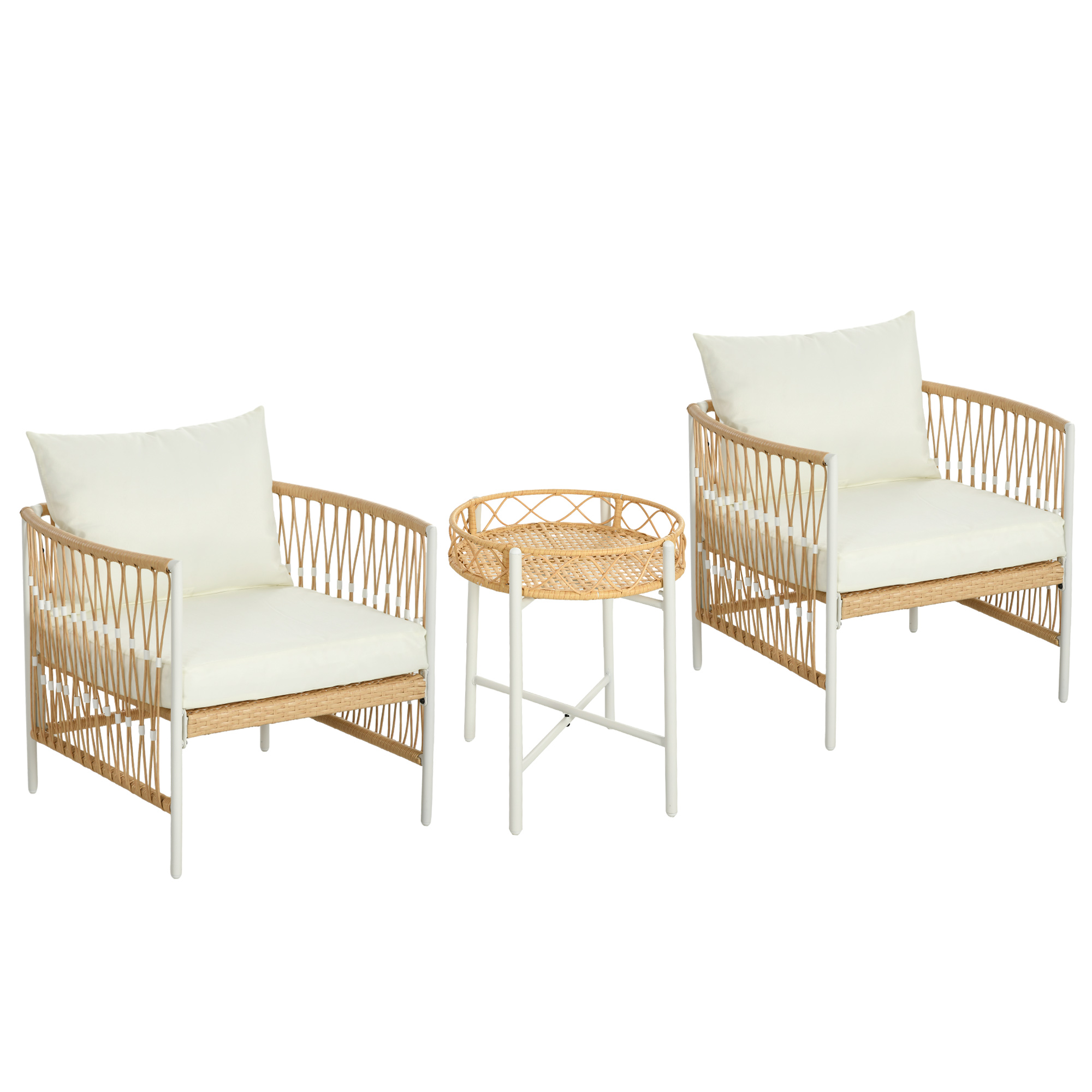 3-delige Bistroset Tuinmeubelset Loungeset, PE-rattan, 72 cm x 66 cm x 64 cm, Geel+Cr��me
