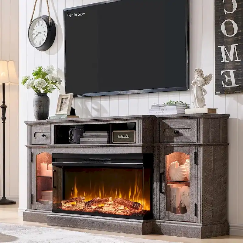 Farmhouse Electric Fireplace TV Stands up to 80, Entertainment Center