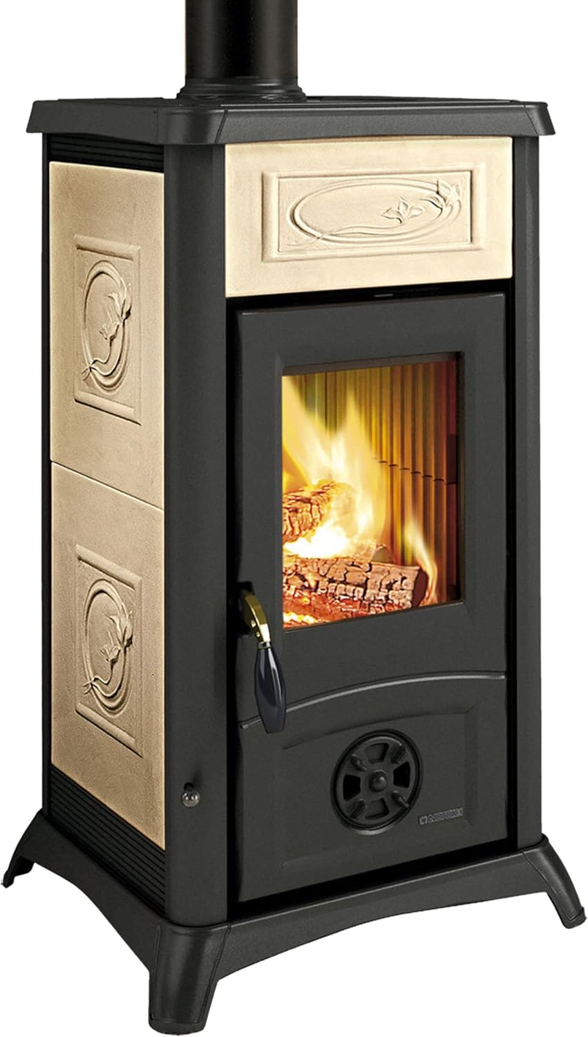 Stufa A Legna 'Gemma Liberty' Rivestimento Esterno In Maiolica. Porte, Testata E Focolare In Ghisa. Vetro Ceramico, Dimensioni Mm. 460X495Xh.840.. Potenza Nominale 6 Kw.