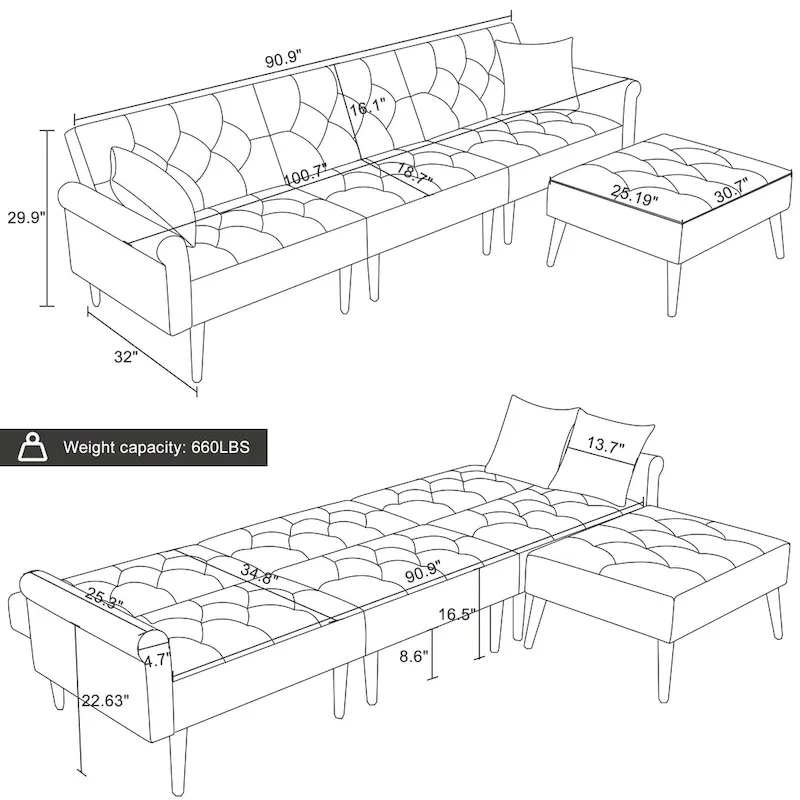 Convertible Velvet Sofa Couch, Sectional Sofa with Ottoman, Mid-Century Futon Sofa Bed - 32D x 100.7W x 29.9H