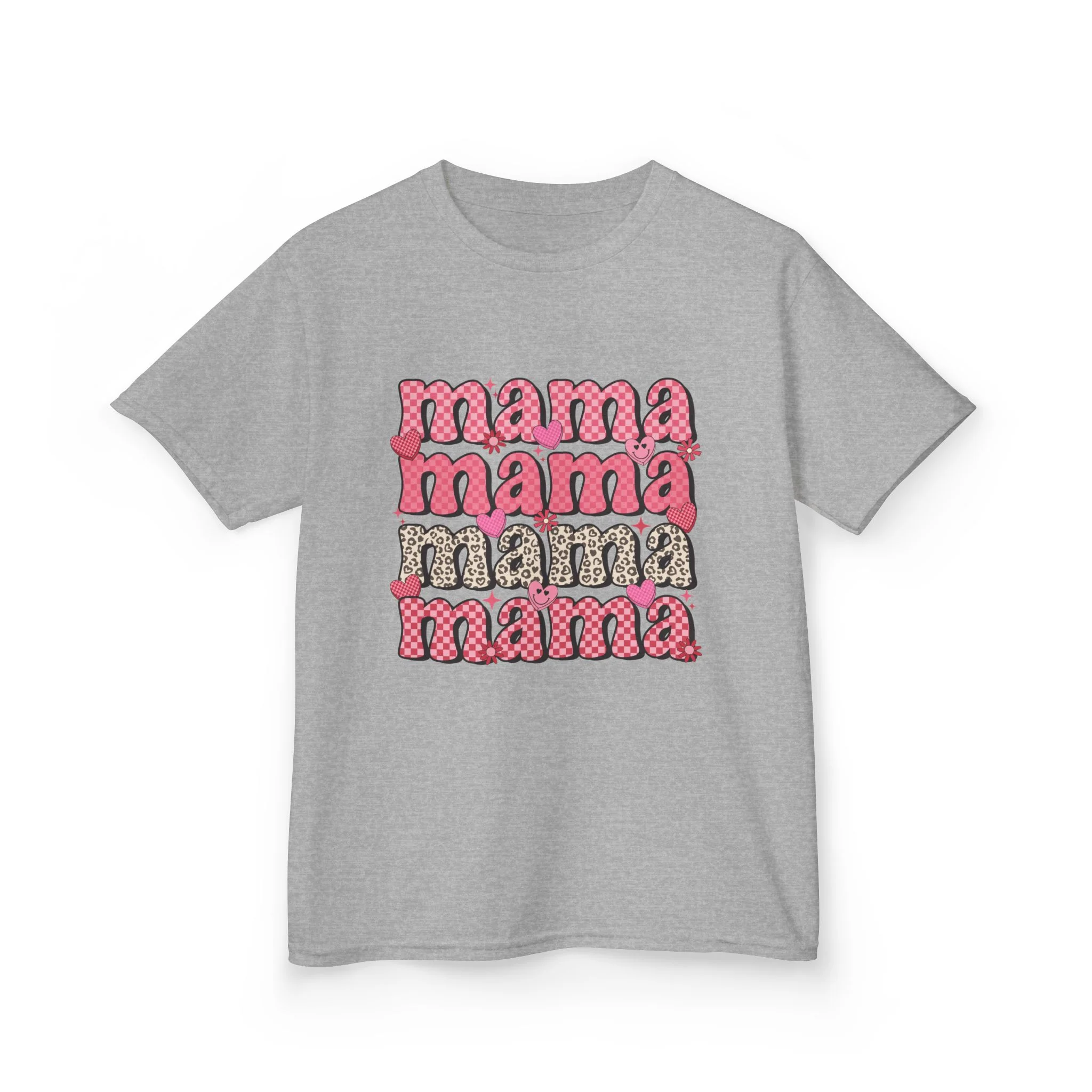 mama stacked text Kids Tee | Retro Pink Pattern
