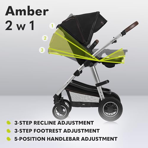 LIONELO Amber Passeggino 2in1 Duo Passeggino da 0 a 48mesi con Seduta secchiello   Navicella per neonato e bambini a 22kg Regolabile, pieghevole e leggero Ruote grandi Cappotina XXL (NeroArgento, Big) : Prima infanzia