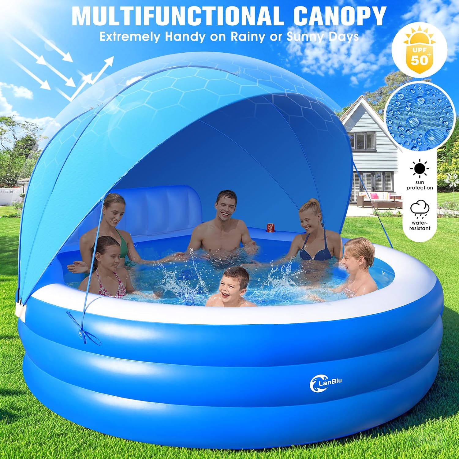 2026 Upgraded Inflatable Pool with Canopy, Inflatable Family Lounge Pool, Round Blow Up Pool for Adult with Bench & Backrest, Swim Center Easy Backyard Pools for Kids & Adults, 92"x92"x26", Blue