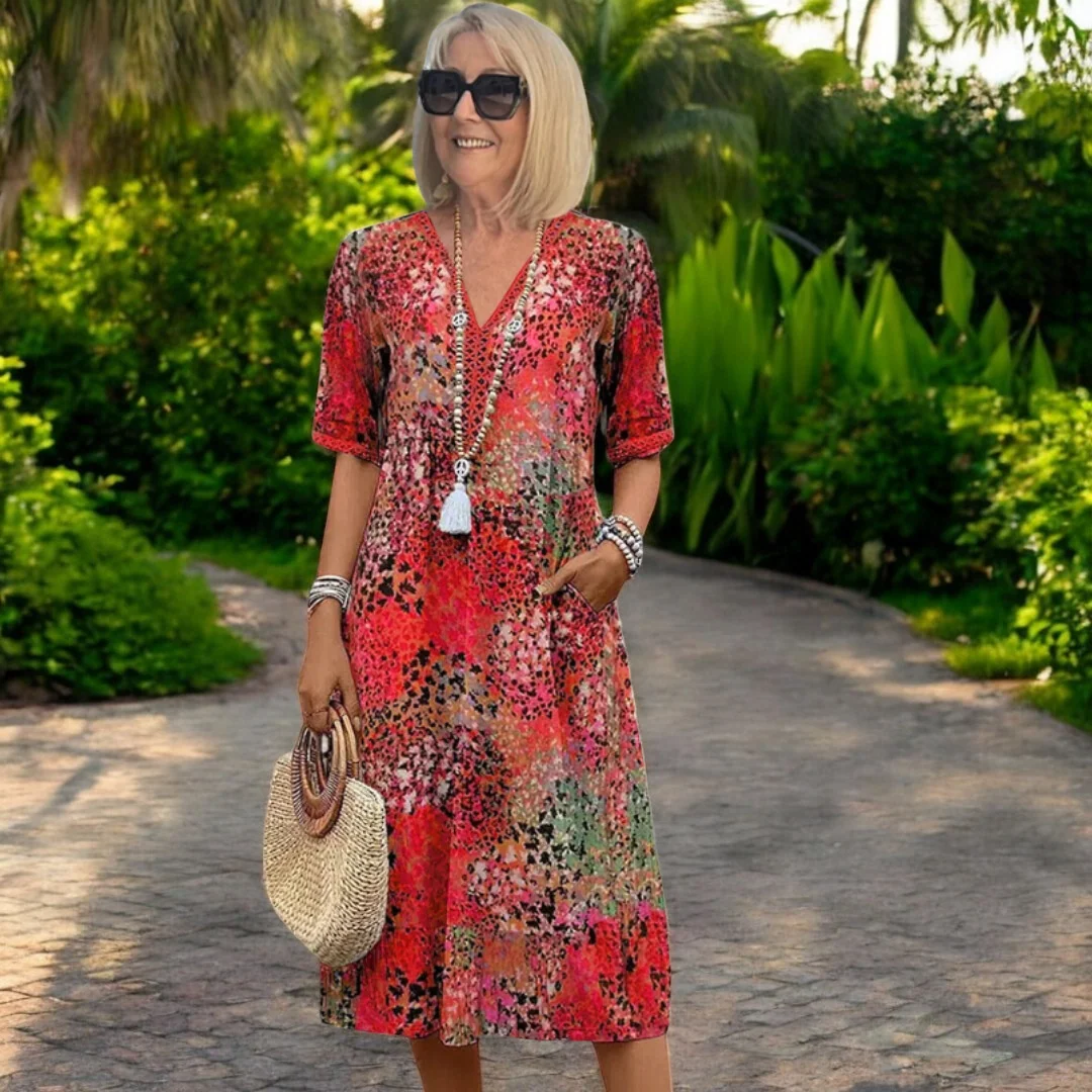 Womena??s Artistic Midi Dress V-Neck with Pockets