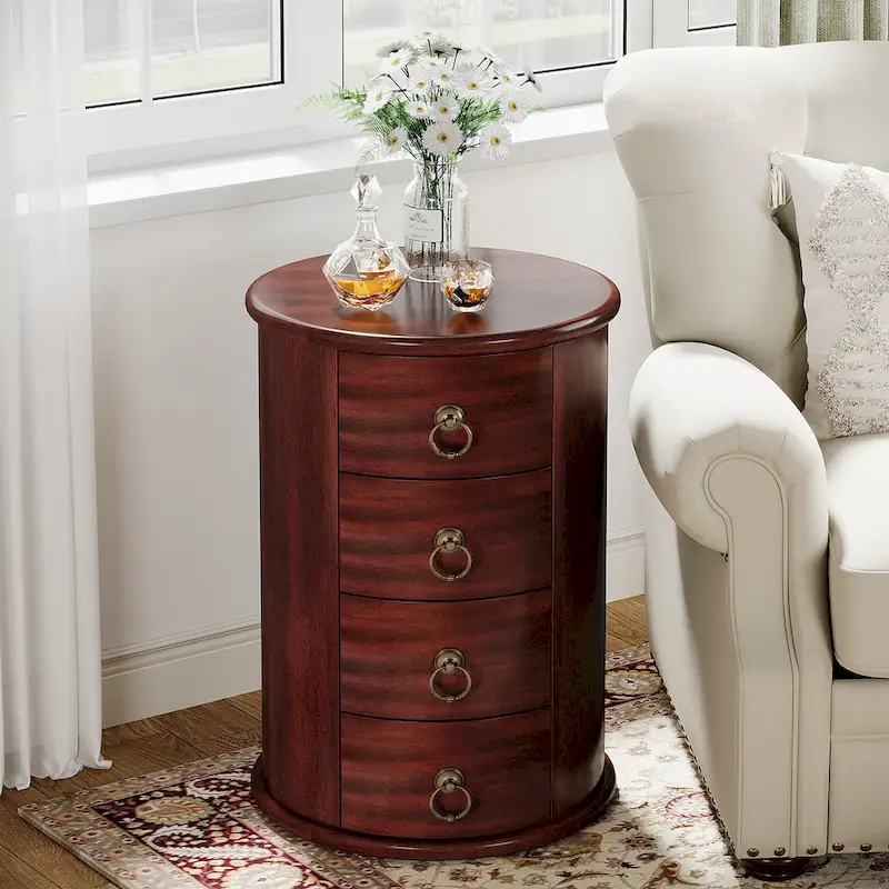 No Assembly Round Solid Wood End Table, Small Side Table with Drawers