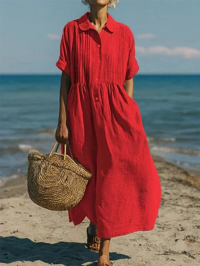 Women��s Midi Dress Breathable Cotton Button-Front Summer Style