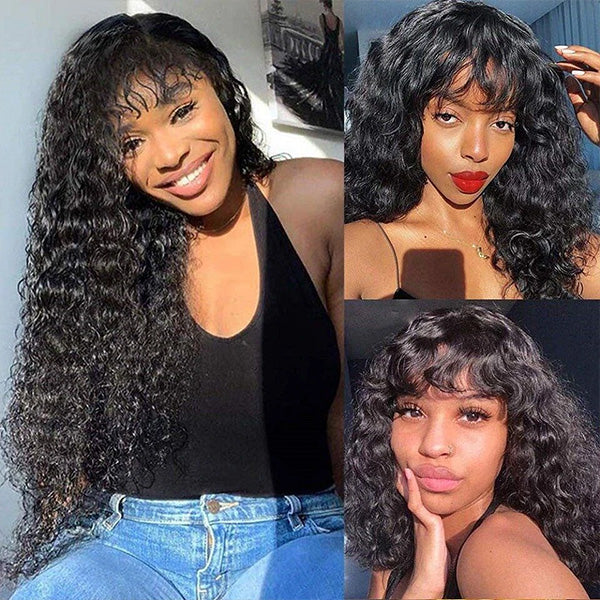 Clearance Water Wave Human Hair Wigs With Bangs No Lace Front Human Hair Wigs Full Machine Made Wig 180% Density