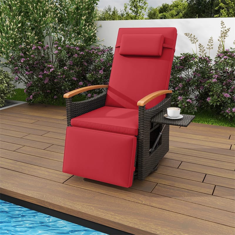 Outdoor Rattan 360° Swivel Recliner Chair, Patio Wicker Chaise Lounge Chair with Adjustable Backrest & Footrest, Flip Side Table & Cushions