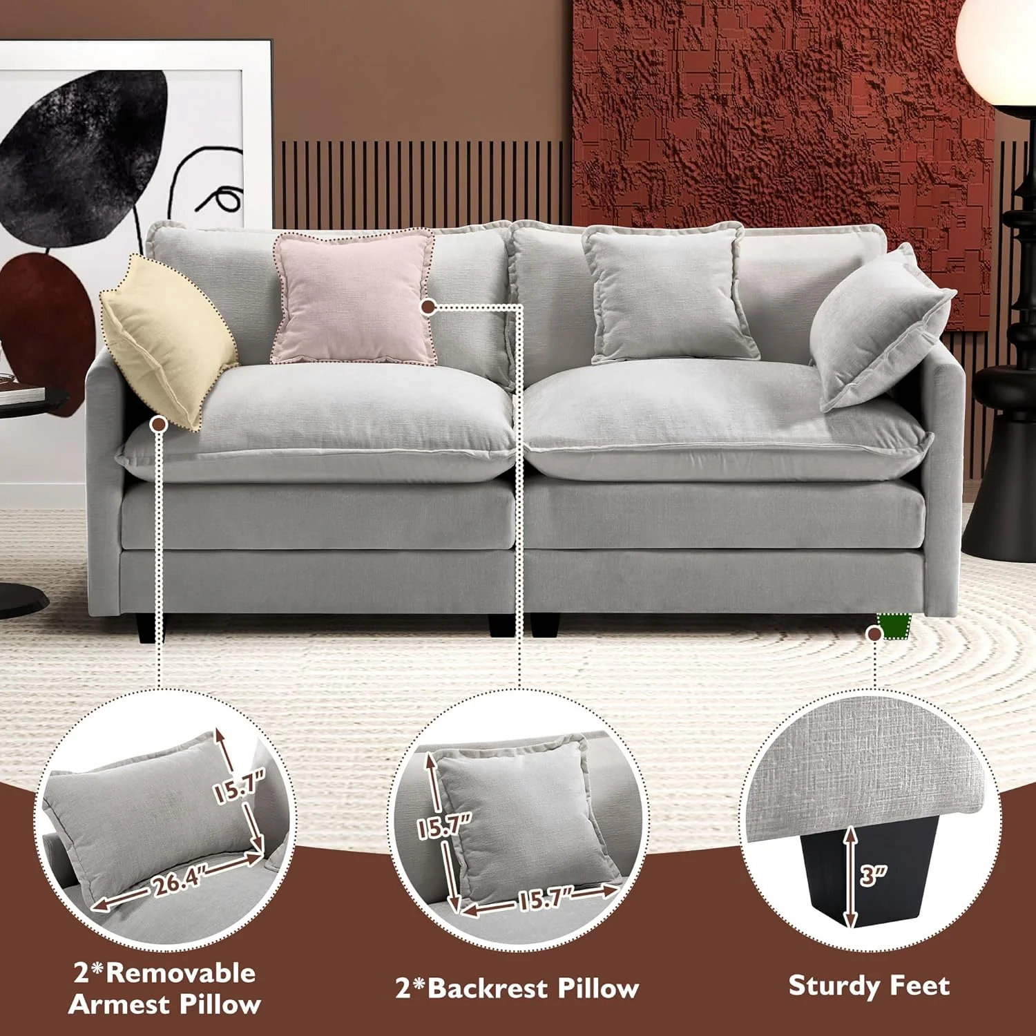 111.4 Inch L-Shaped Modern Sofa Modular Cloud Sofa Ottoman 4-Seater Chenille Deep Seat Sofa