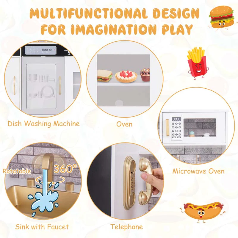 Large Wooden Kids Kitchen Playset, Little Chef Pretend Toy Kitchen Set w/Chalkboard, Microwave, Real Sounds & Lights for Toddlers Age 3+