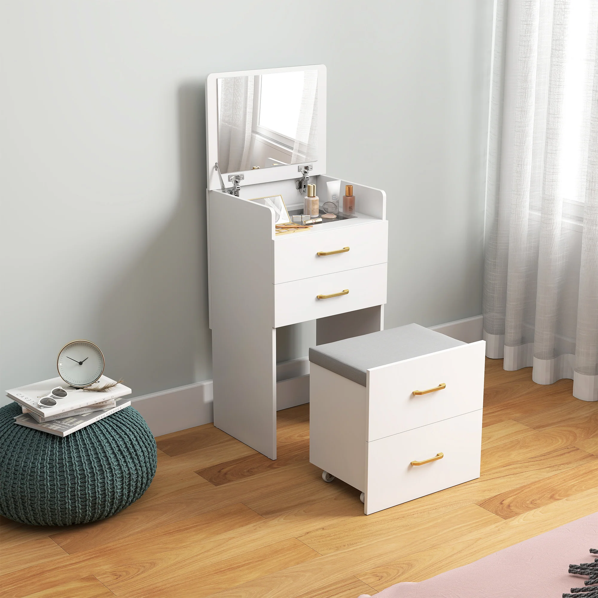 HOMCOM 3-in-1 Make-uptafel met Spiegel, Nachtkastje, Rollende Kruk, Lades, Wit