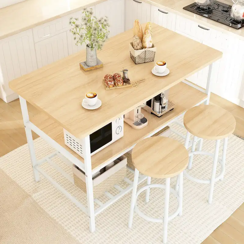 Kitchen Island with 2 Stools and Open Shelves