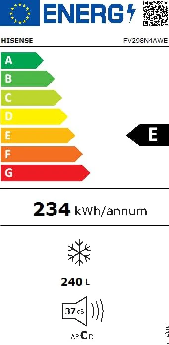 Hisense FV191N4AW2 Congelatore verticale/ Total No Frost/ Super Freeze/ Allarme porta/ Multiflow 360°/ BigBox/ 143,4 cm/ Congelatore 147 l/ 41 dB/ 205 kWh/Bianco