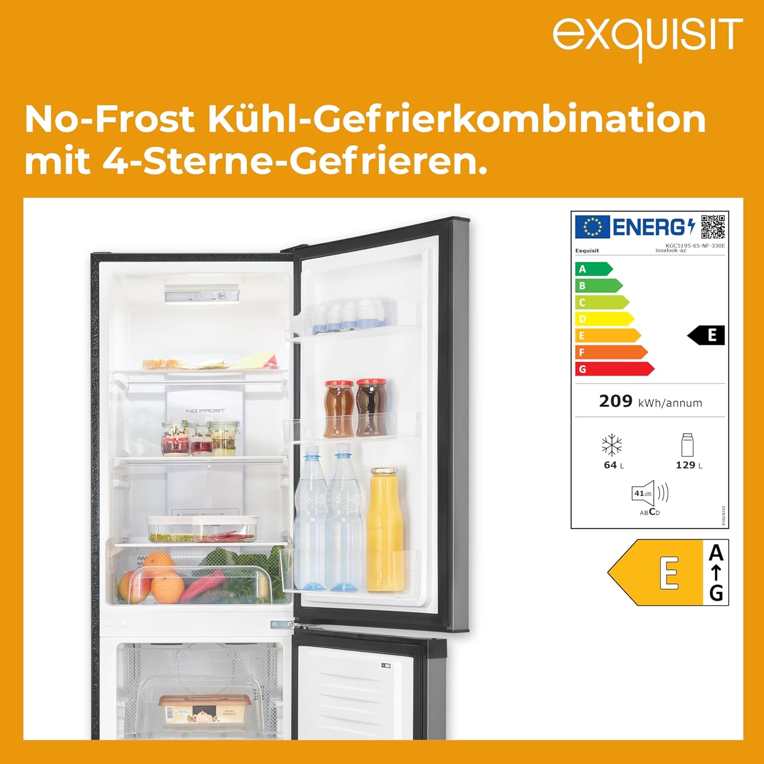 Exquisit Kühl-Gefrierkombination No Frost 193 l – KGC5195 | No-Frost, LED, elektronische Temperaturregelung, Inoxlook, 160 x 51 x 61 cm, Energieklasse E