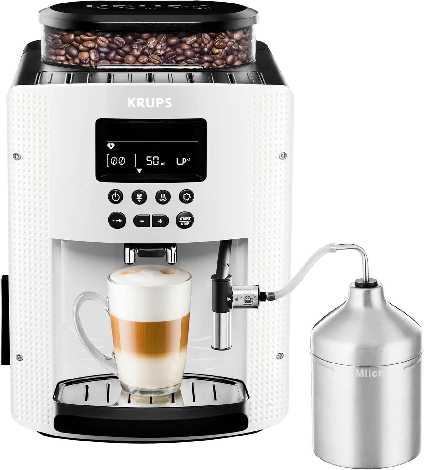 Krups Essential volautomatische espressomachine met melkslang, 2-kopsfunctie, LCD-display, eenvoudige reiniging, koffiezetapparaat, T��V-keurmerk, zwart, EA816031