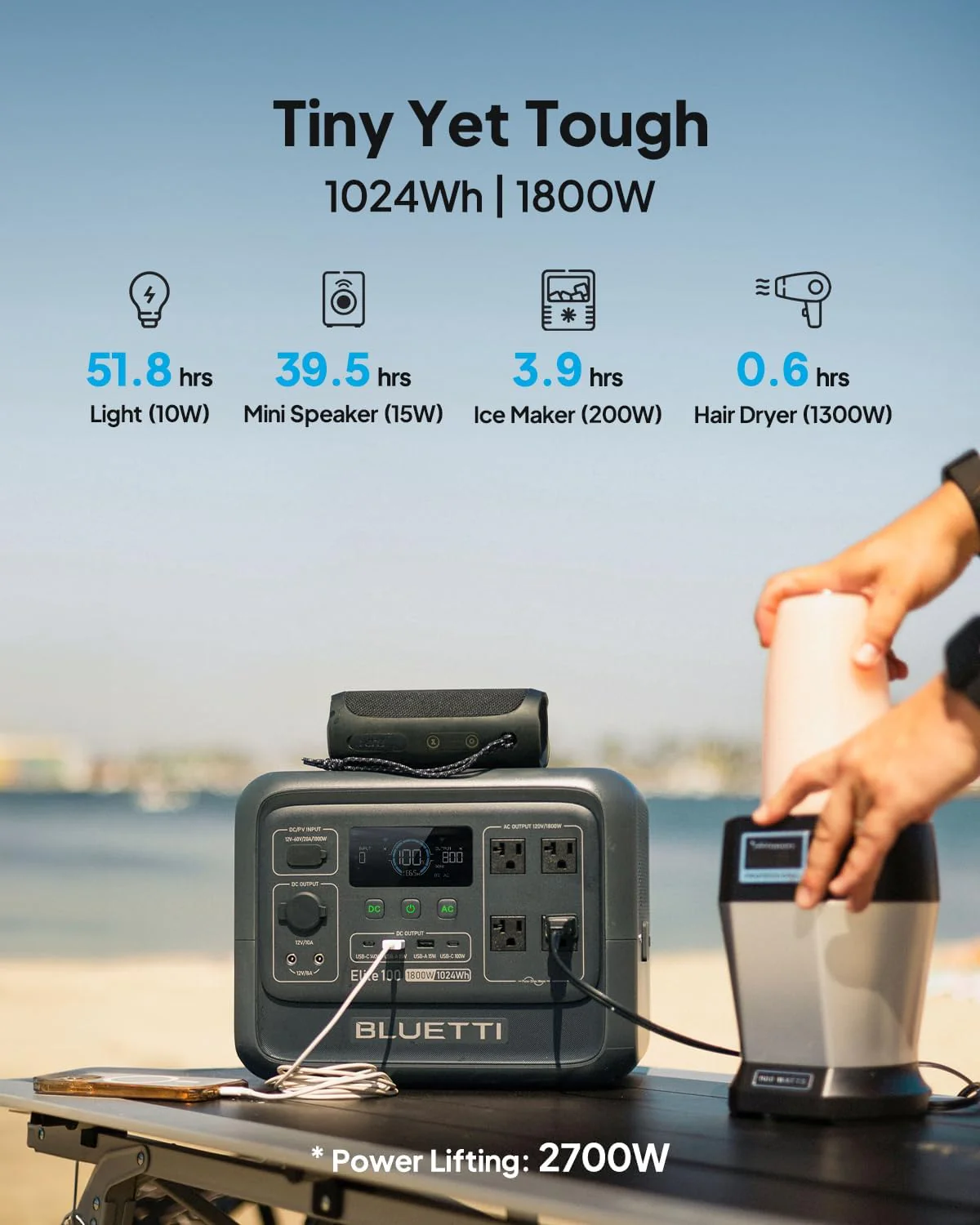 BLUETTI Elite 100 V2 hordozható erőmű 1024 Wh LiFePO4 akkumulátorral, 4 db 1800 W-os AC porttal (3600 W túlfeszültség) – 35%-kal kisebb, gyorstöltés és szünetmentes tápegység kempingezéshez, utazáshoz, áramkimaradásokhoz, otthoni tartalék energiaforr