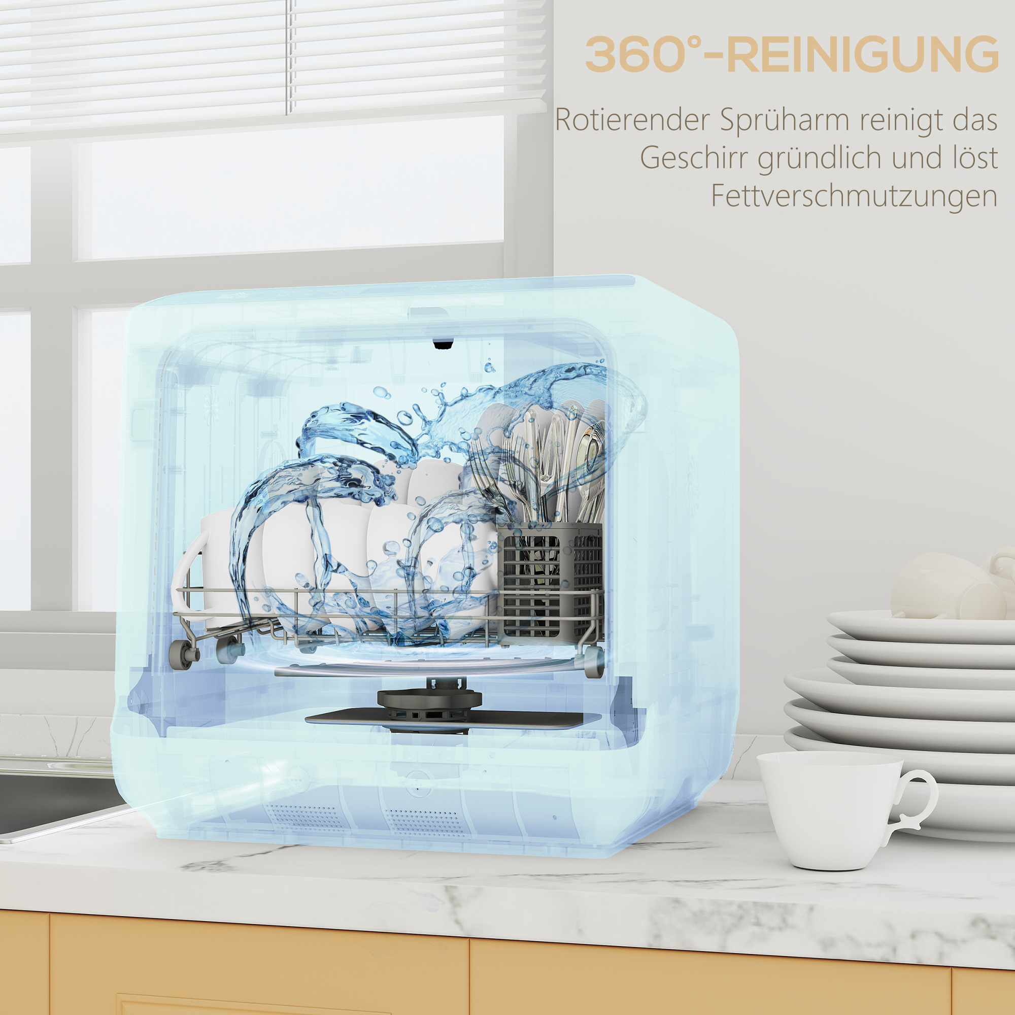 HOMCOM Tafelvaatwasser, Mini-Vaatwasser met 6-Liter-tank, 5 Programma's, LED-display, Droogfunctie, Wit