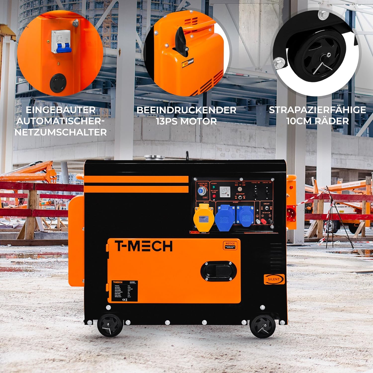 Generatore diesel silenzioso monofase ATS 230V 6kVA 6500W 13HP 115V/230V Avvio elettrico Telaio chiuso Potenza di emergenza 4 ruote Acciaio verniciato a polvere nera Capacità 20L Kit attrezzi e imbuto