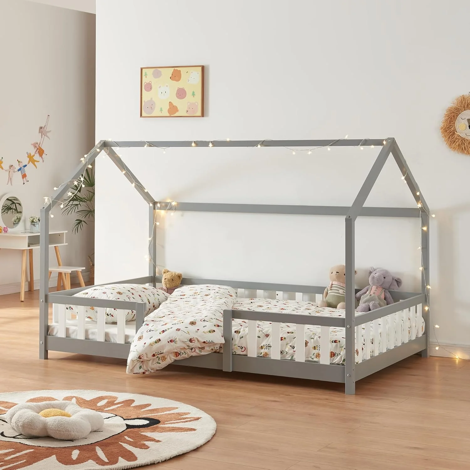 [en.casa] Letto per bambini Sisimiut a capanna 80 x 160 cm con protezione anticaduta letto in legno per bambini letto a terra rete a doghe in legno di pino Bianco opaco