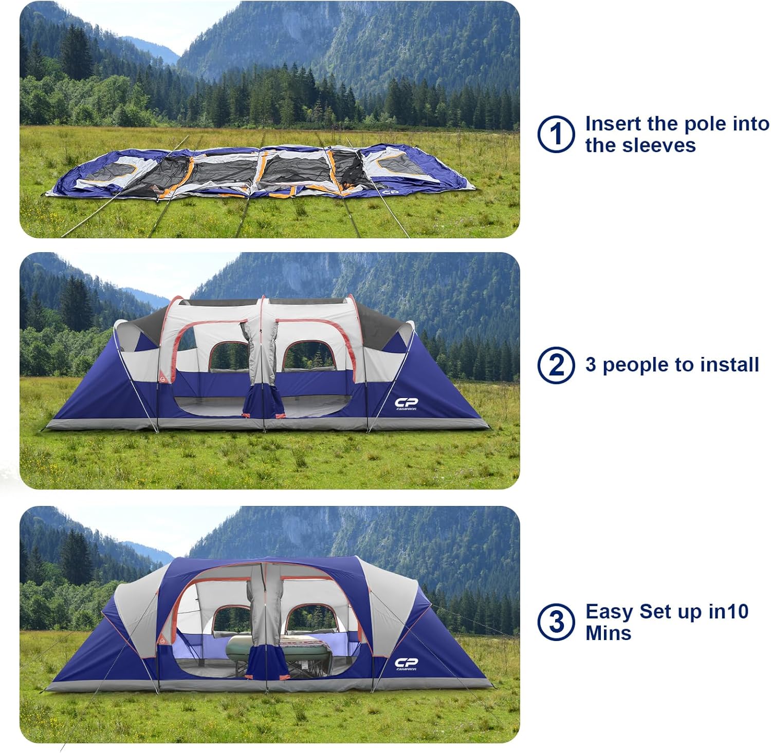 CAMPROS CP Tent 12-Person-Camping-Tents,3 Room Family Tents,Waterproof Windproof Family Tent with Top Rainfly,6 Large Mesh Windows,Double Layer,Easy Set Up, Portable with Carry Bag-20' x 9' x 72