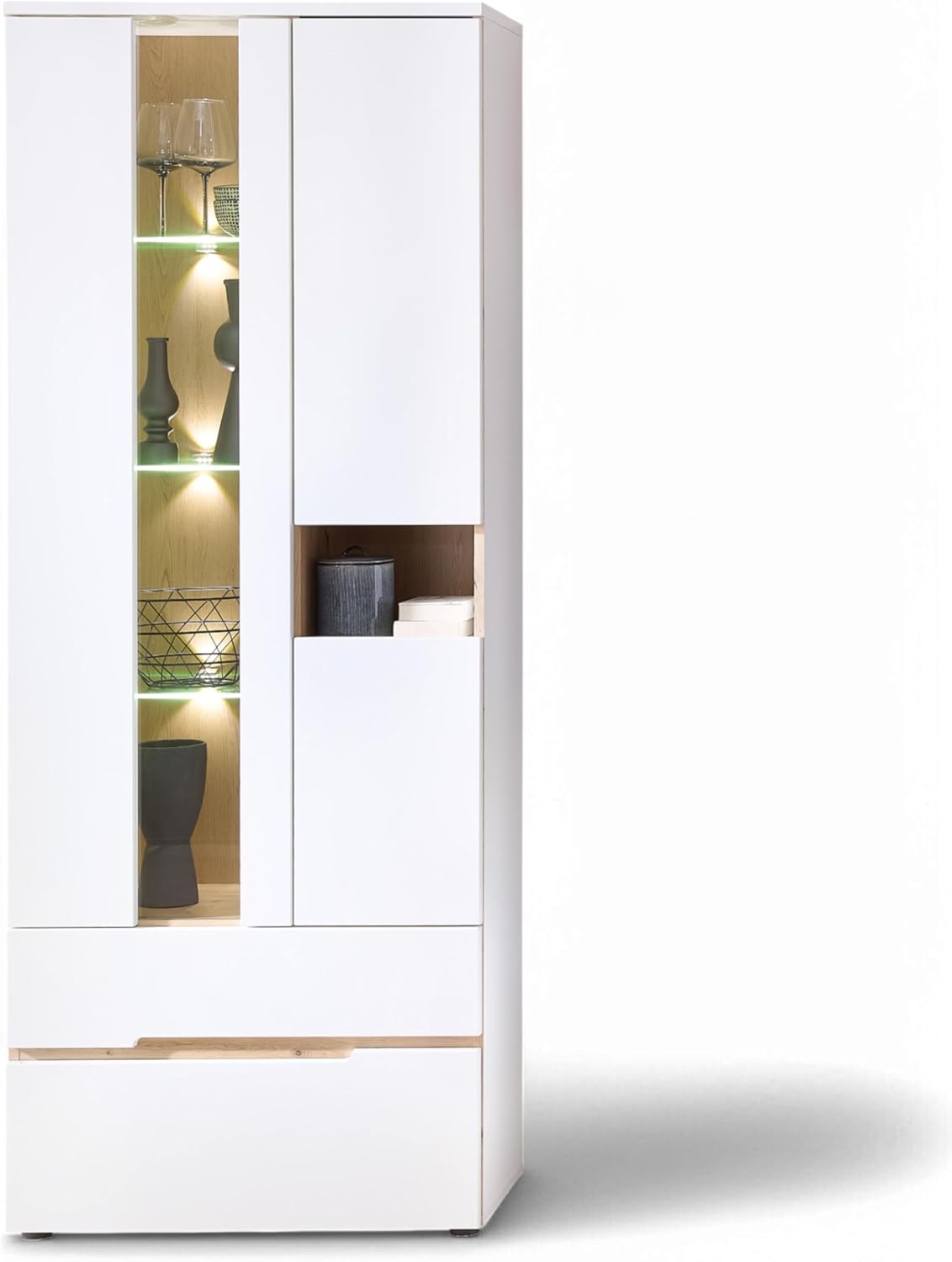 Stella Trading Memphis Vitrine in Weiß, Artisan Eiche Optik - Moderner Vitrinenschrank mit LED-Beleuchtung und viel Stauraum - 75 x 197 x 38 cm (B/H/T)