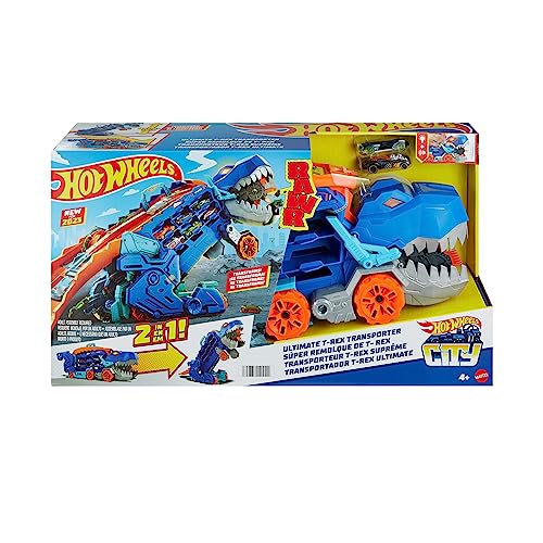 ​Hot Wheels City   Mega Dino Trasportatore, pista da corsa che si trasforma in un T Rex & Confezione da 20 Macchinine, Veicoli in Scala 1:64 Assortiti : Giochi e giocattoli