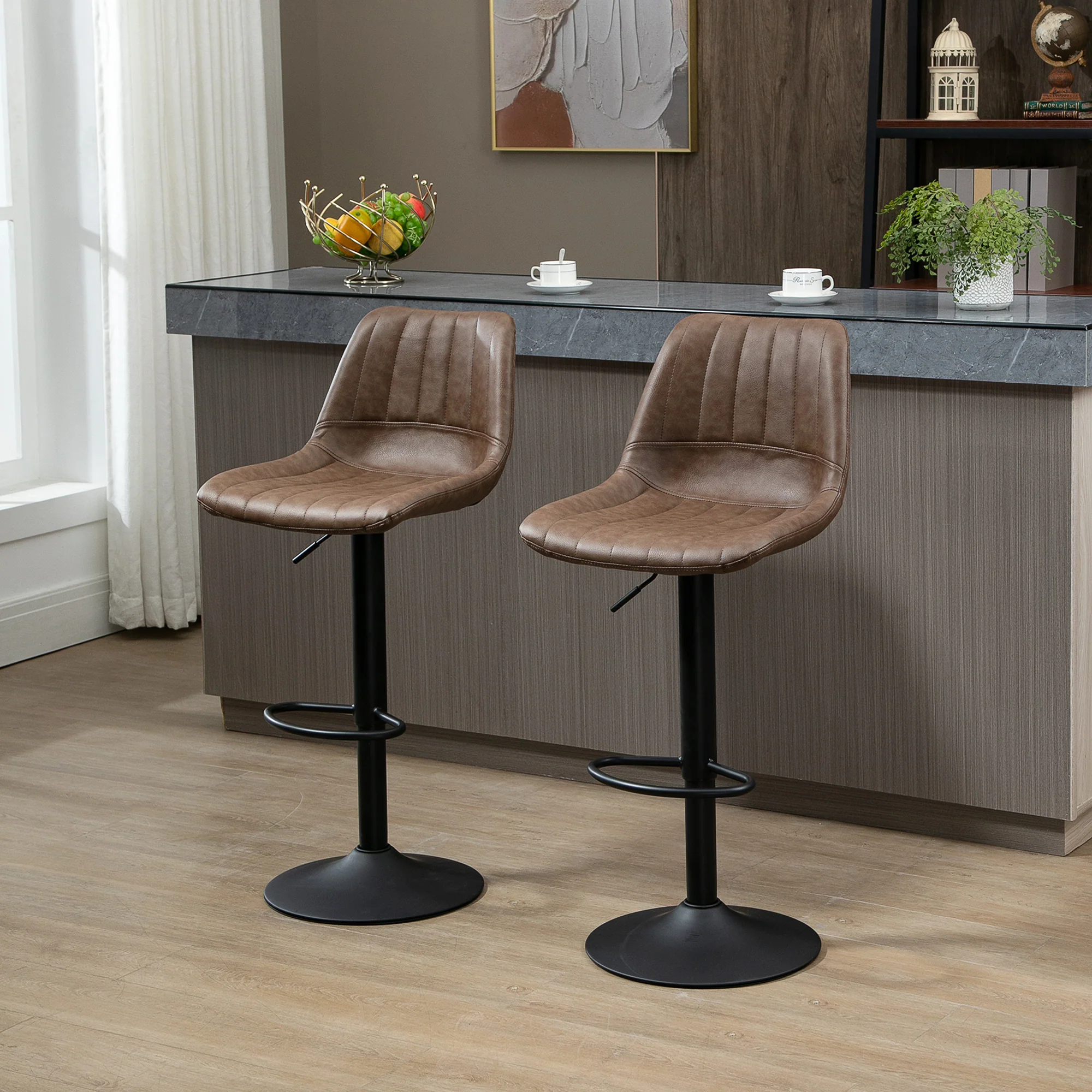 HOMCOM 2er-Set Barhocker höhenverstellbar, Kunstleder Braun