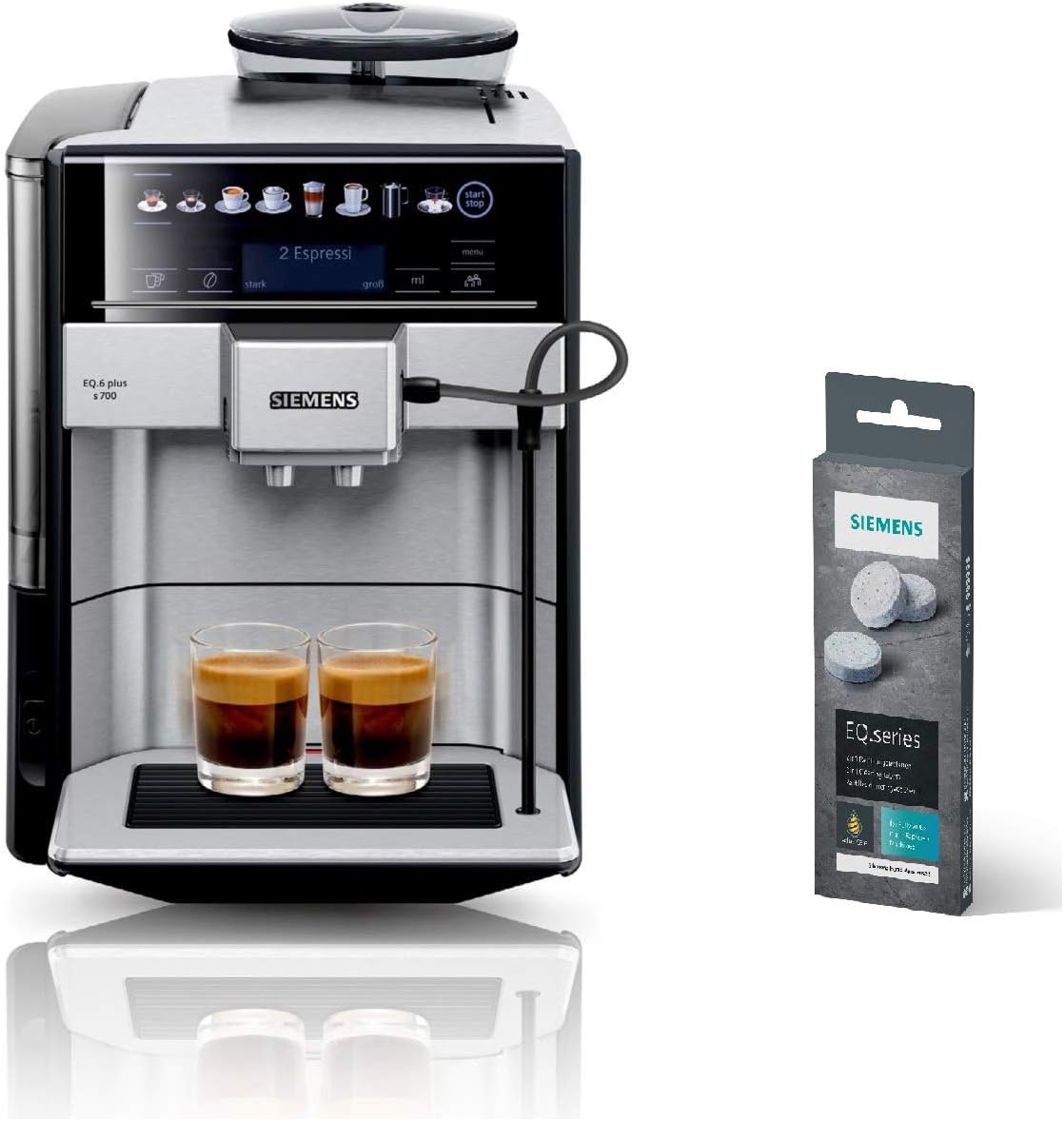 SIEMENS Kaffeevollautomat EQ6 plus s700 TE657503DE, für viele Kaffeespezialitäten, Milch-Aufschäumdüse, Keramikmahlwerk, Doppeltassenfunktion, Antikalk, automatische Dampfreinigung, 1500 W, edelstahl