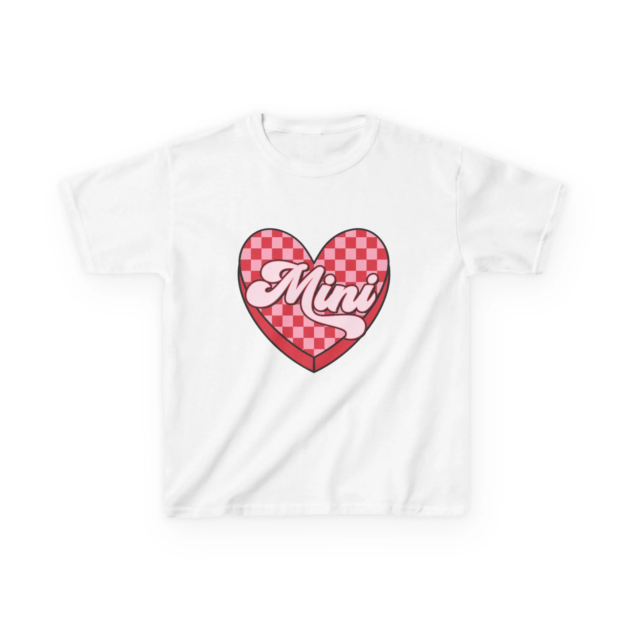 Mini Heart Checkerboard Kids Tee | Pink Retro Script