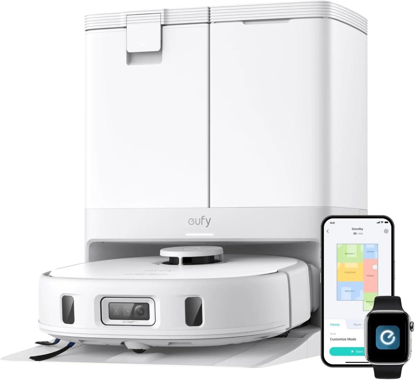 eufy X10 Pro Omni Robot Vacuum and Mop Combo, 8,000 Pa, Dual Mops with 12 mm Auto-Lift and Carpet Detection, AI Obstacle Avoidance, Auto Mop Washing&Drying, Self-Emptying, White