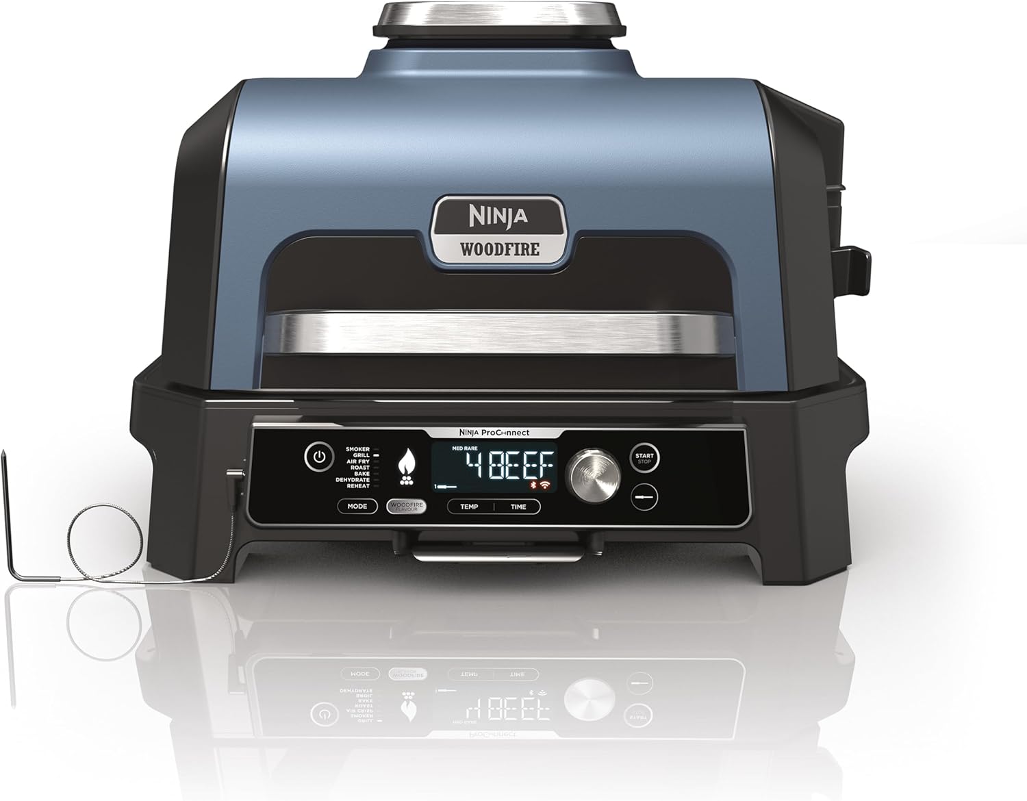 Ninja Woodfire Pro Connect XL Elektrischer Grill und Smoker mit App-Steuerung, digitaler Sonde, großer 7-in-1 Outdoor Grill und Luftfritteuse mit Woodfire Pellets