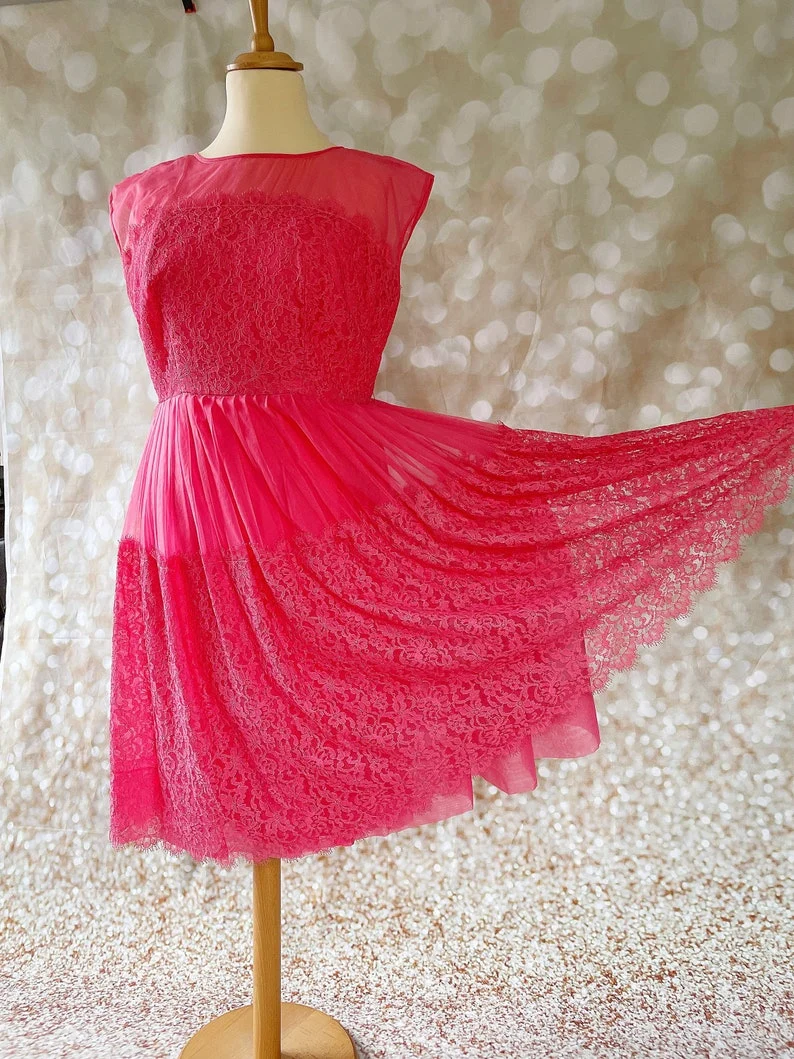 1960s Hot Pink Lace & Organza Chiffon Prom Dress