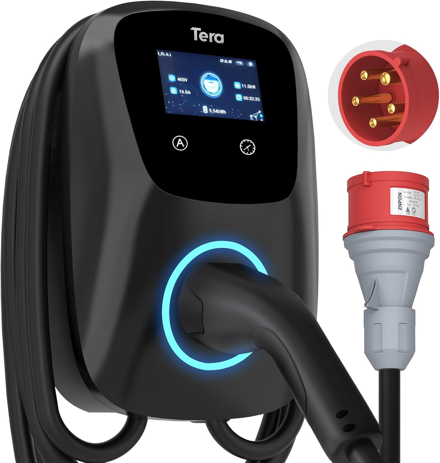 Tera Smart EV Ladegerät Typ 2 Wallbox mit APP 11kW 16A 400V CE&TÜV mit Wlan & Bluetooth 7m Ladekabel mit Ladegerätehalter Heim Wallbox CEE 3-Phasen Stecker für EVs & PHEV W01 Schwarz