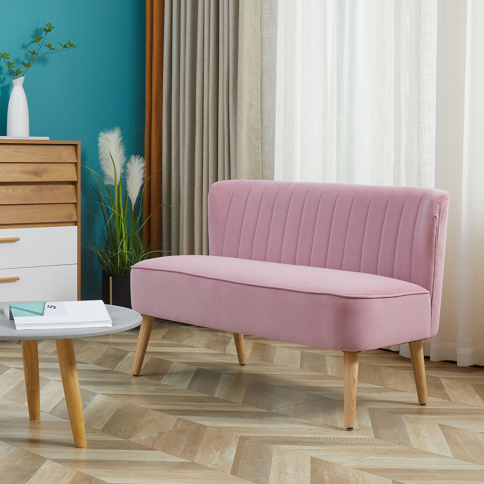 HOMCOM Sofa Retrodesign 2-zitsbank, houten poten, 117 cm x 56,5 cm x 77 cm, Roze