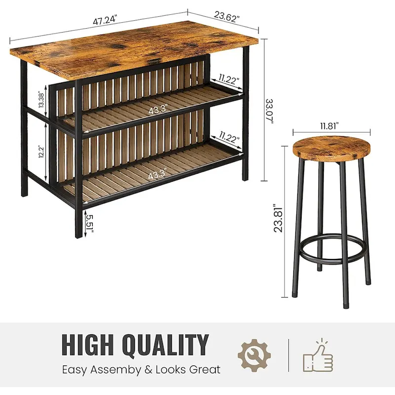 Kitchen Island with 2 Stools and Open Shelves