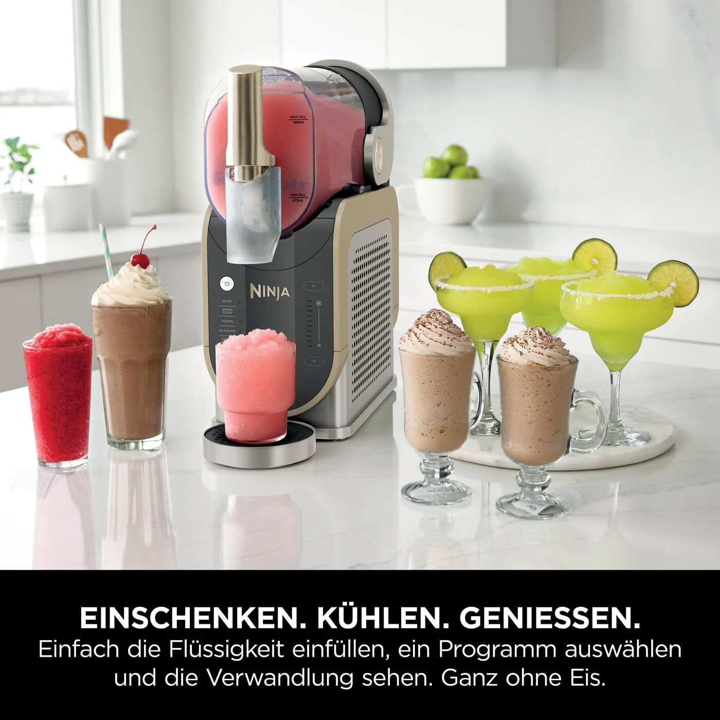 Ninja SLUSHi gép slush-hoz, jeges koktélokhoz, frappéhoz, turmixokhoz és fagyasztott gyümölcslevekhez, jég és előkészítés nélkül, WhisperChill technológia, 1,9 l kapacitás, Stone Gold, FS301EUSTGD