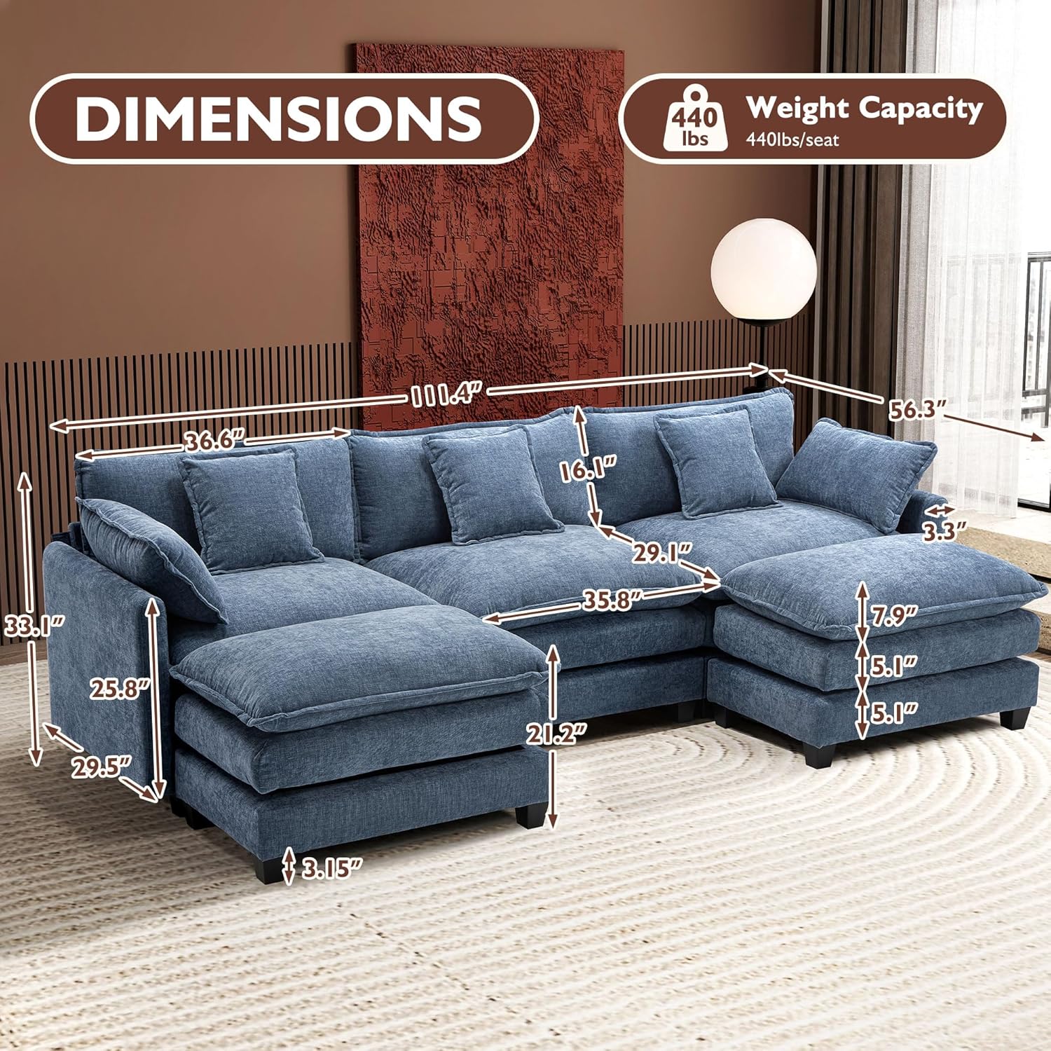 111.4 Inch L-Shaped Modern Sofa Modular Cloud Sofa Ottoman 4-Seater Chenille Deep Seat Sofa